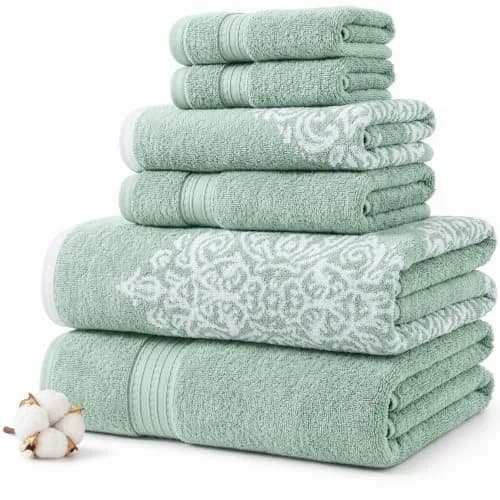 Modern Threads 6-Piece 100% Cotton Damask Medallion Towel Set, Sage | Highly Absorbent, Soft & Plush, Quick-Drying, 550 GSM, Color-Rich Yarn-Dyed Design thumbnail 1