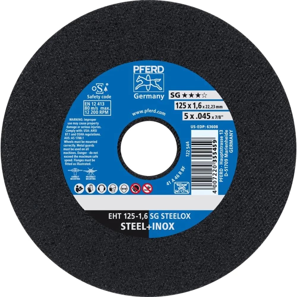 PFERD SG STEELOX Cut-Off Wheel - Type 1, 6" Diameter, 0.045" Thick, 7/8" Arbor, Aluminum Oxide, 10200 RPM | High-Performance Metal Cutter — 6" Diameter