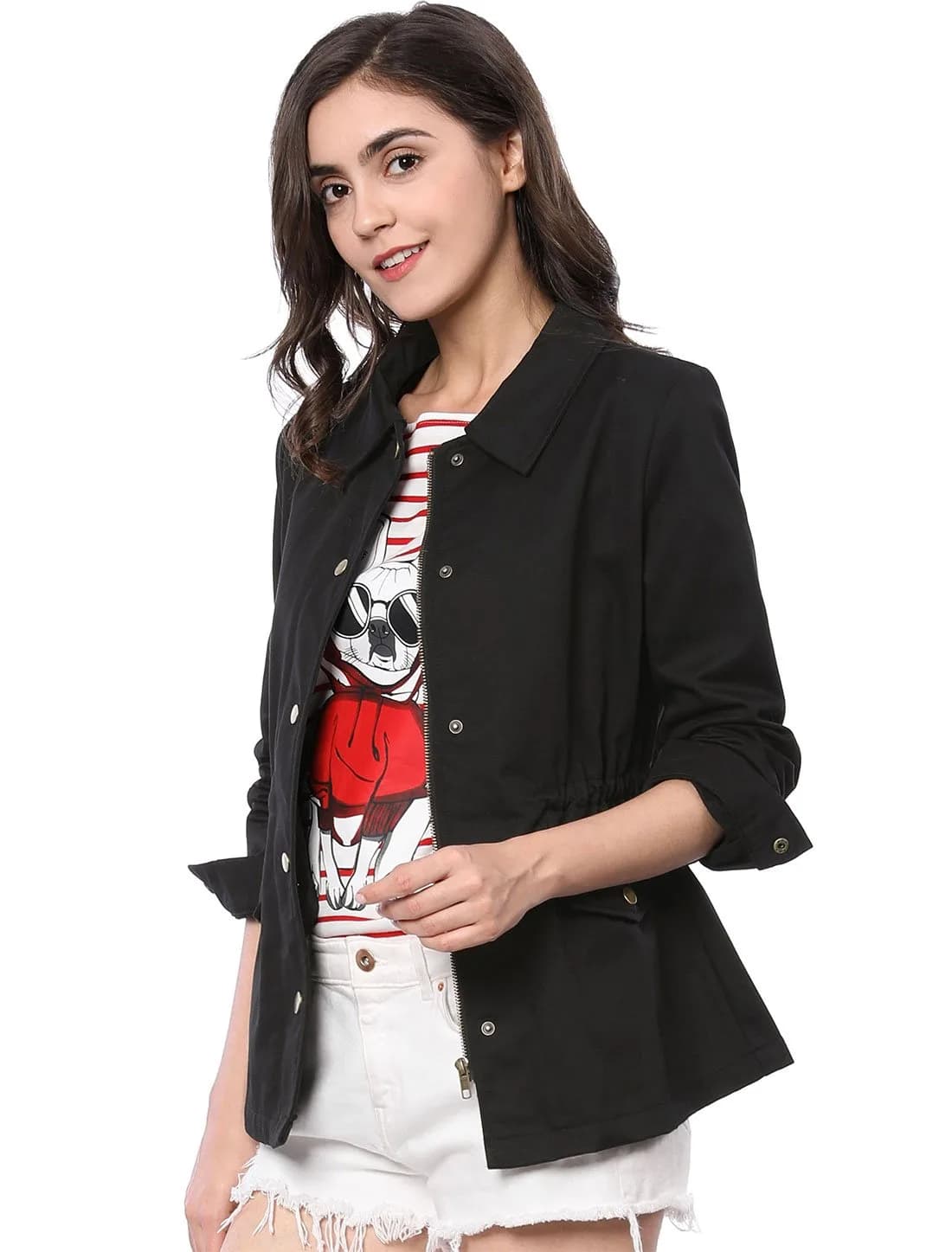 Allegra K Women's Utility Jacket Zip Up Drawstring Waist Pockets | Casual Lightweight Cotton — Black / X-Large