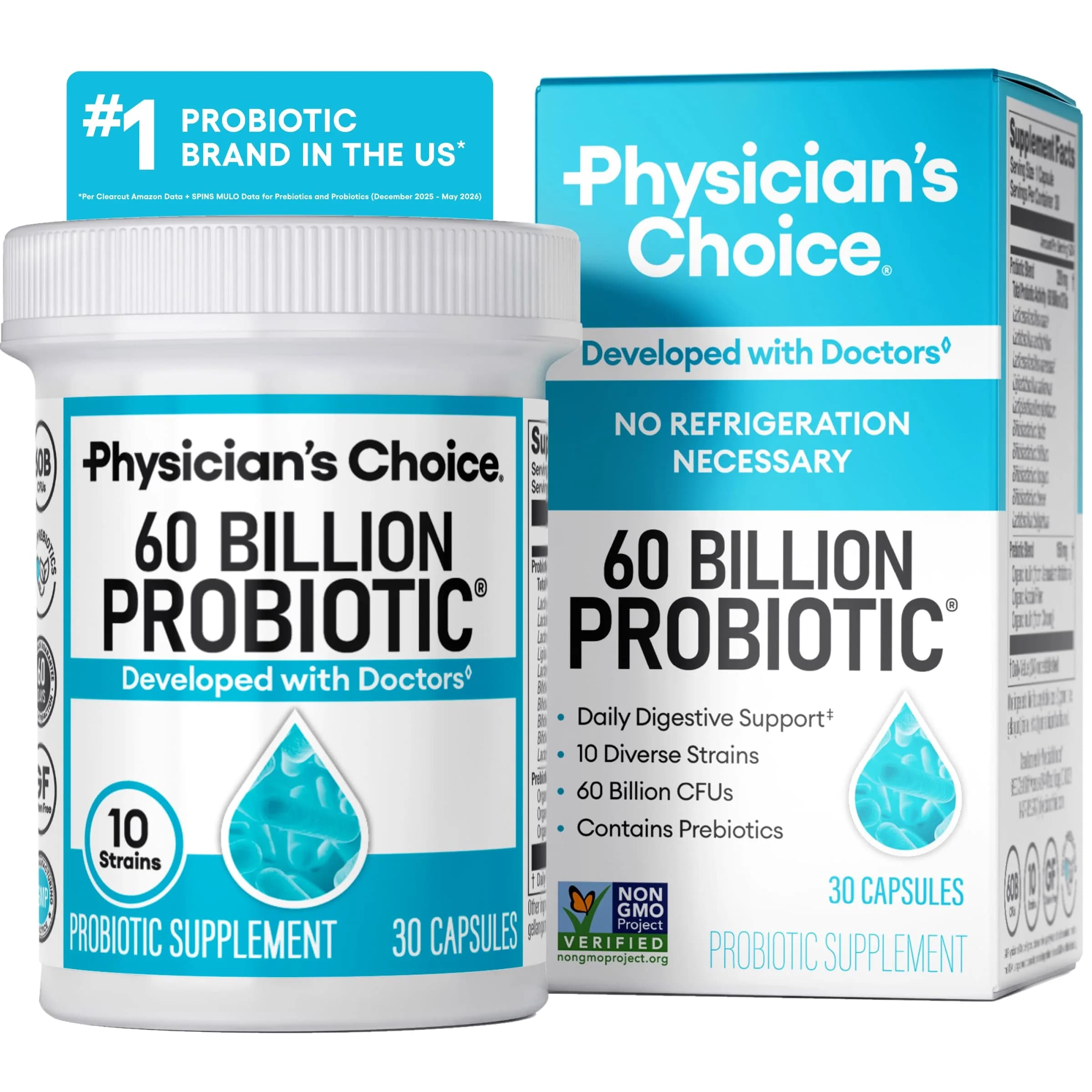 Physician's CHOICE Probiotics 60 Billion CFU, 30 Capsules | 10 Strains + Organic Prebiotics for Gut Health - main product image