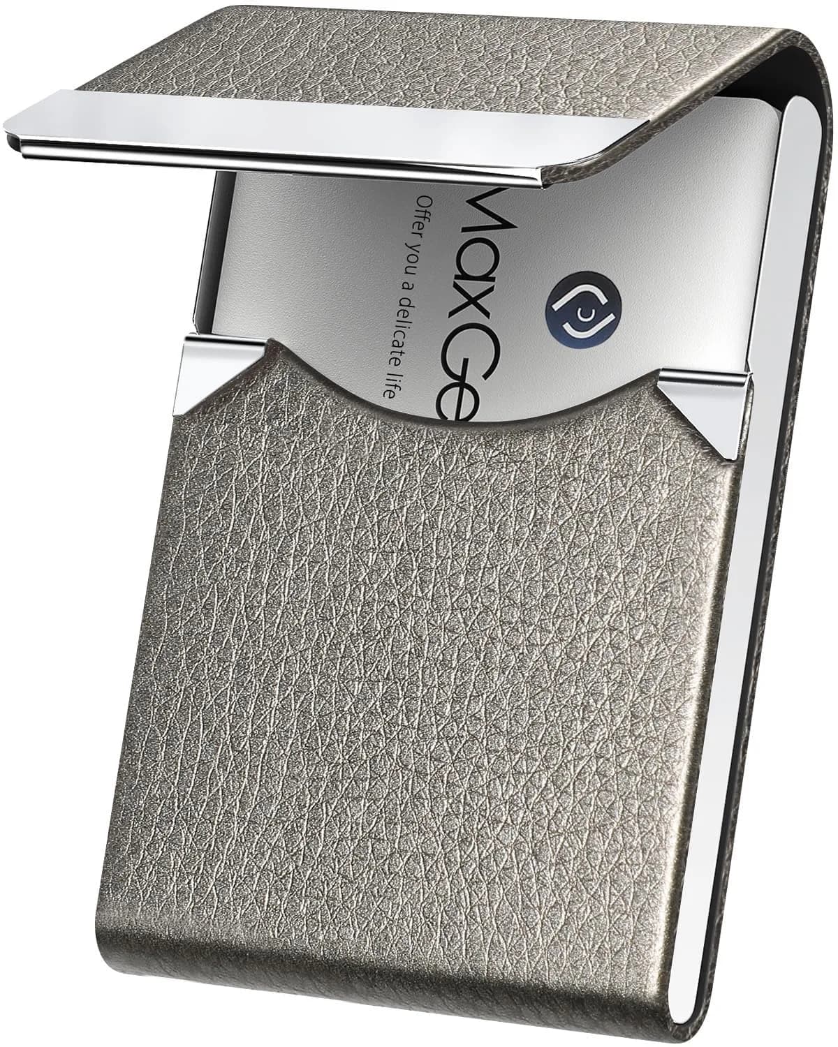 MaxGear Business Card Holder, PU Leather Gray | Slim, RFID Block & Magnetic Closure