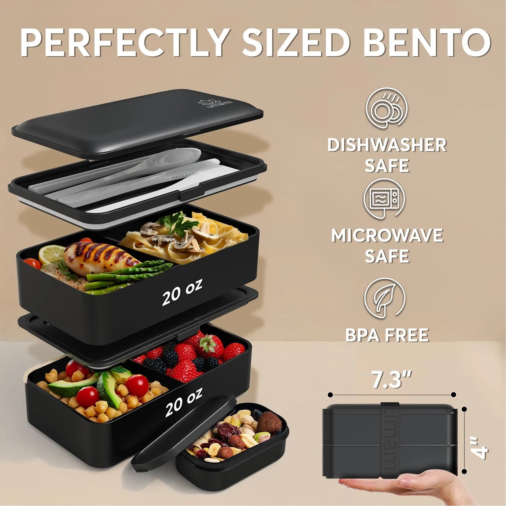 Umami Bento Box Adult All-In-1 Meal Holder 1200ml (40 oz) | Leakproof Lunch Container with Utensils & Sauce Jar - view 5