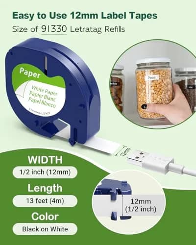 AONOMI White Label Tape 12mm x 4m | Compatible with DYMO LetraTag LT-100H & LT-100T thumbnail 2