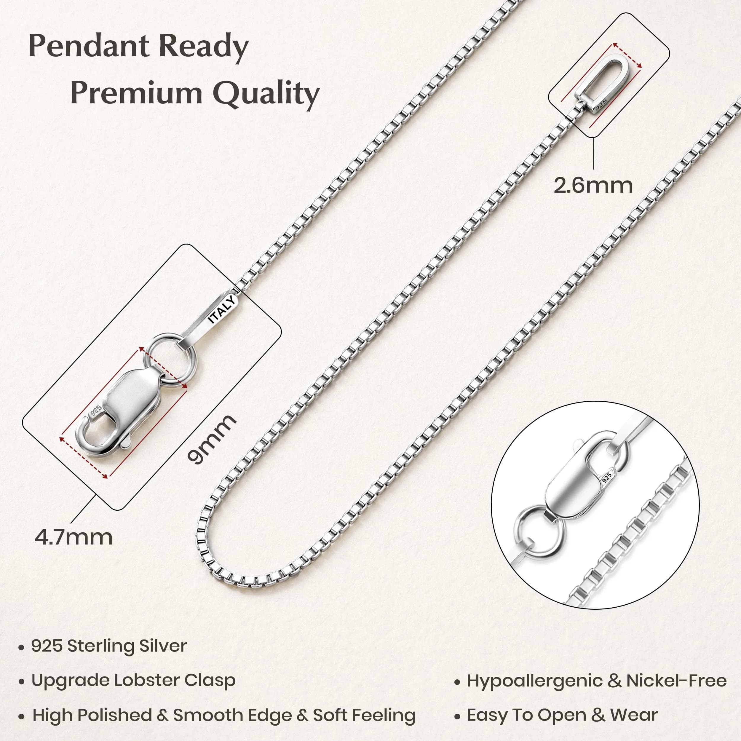 ASHINE Silver Chains Replacement 0.8mm Lobster Clasp 24 Inches | Classic Box Chain for Women & Men thumbnail 3