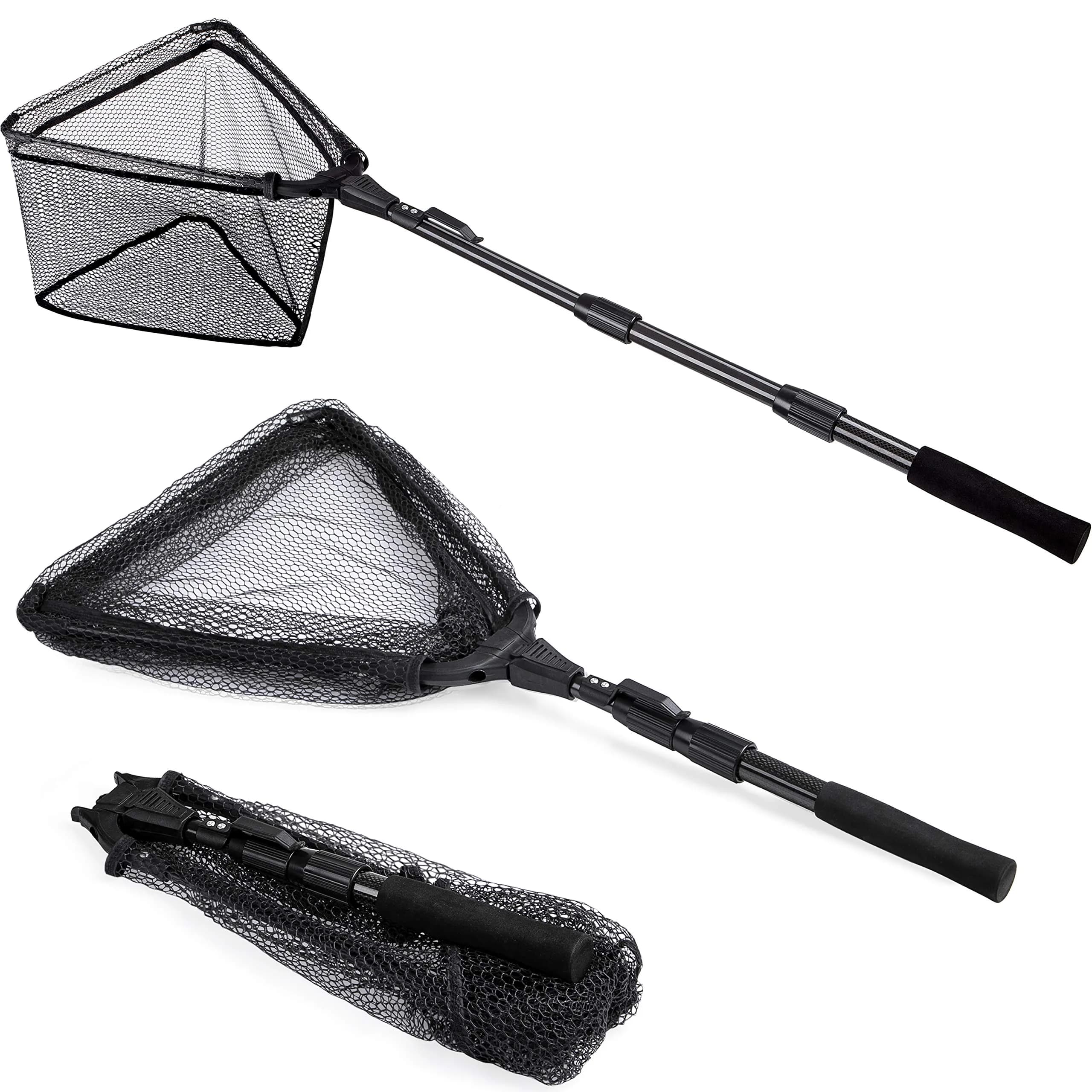 PLUSINNO 1.0m Extendable Fishing Net with 20" (52cm) Hoop, 21" (53cm) Deep Net | Foldable & Lightweight Landing Net for Bass Trout Salmon — 19.7"/50cm Hoop Size 1.5M Black(Extendable)