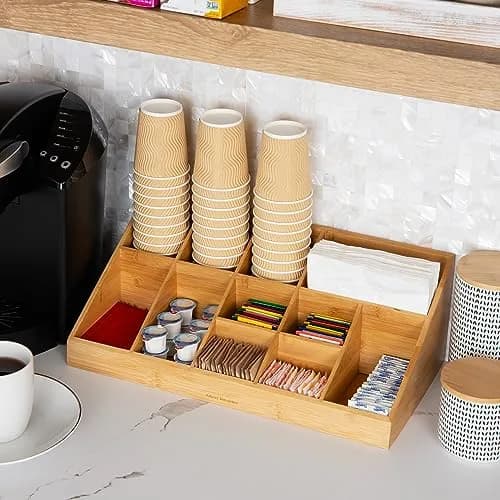 Mind Reader 11-Compartment Condiment Station | 45.72cm (18") Brown Bamboo Coffee Bar Organizer thumbnail 6