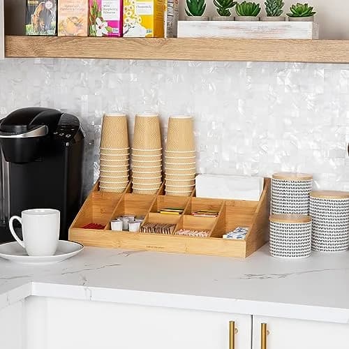 Mind Reader 11-Compartment Condiment Station | 45.72cm (18") Brown Bamboo Coffee Bar Organizer thumbnail 2