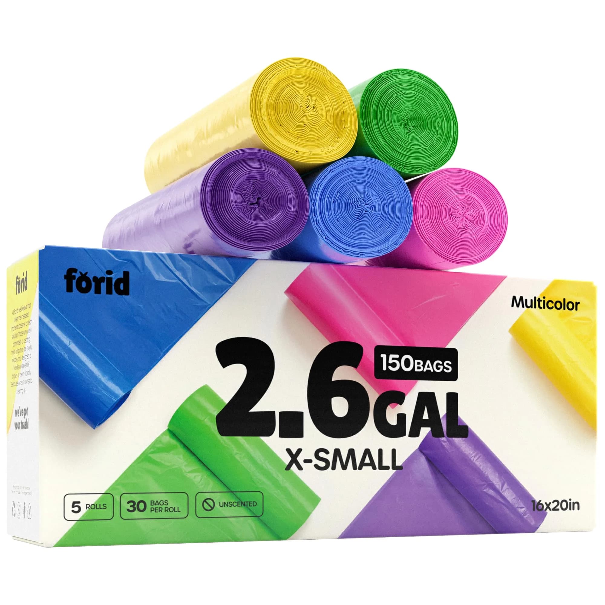 FORID 2.6 Gallon Colored Trash Bags | Extra Thick, Odorless, Multi-Colored, 150 Bags - main product image