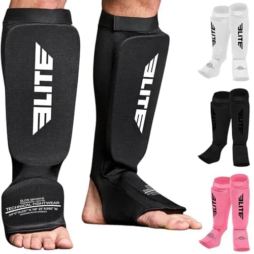 Elite Sports MMA Shin Pads with Instep Guard for Muay Thai & Kickboxing Training, Adult/Youth S/M Black/White thumbnail 1