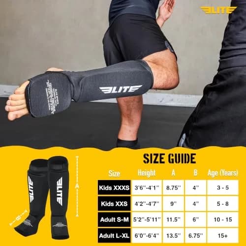 Elite Sports MMA Shin Pads with Instep Guard for Muay Thai & Kickboxing Training, Adult/Youth S/M Black/White thumbnail 4