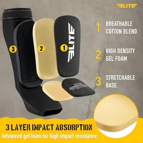 Elite Sports MMA Shin Pads with Instep Guard for Muay Thai & Kickboxing Training, Adult/Youth S/M Black/White thumbnail 5