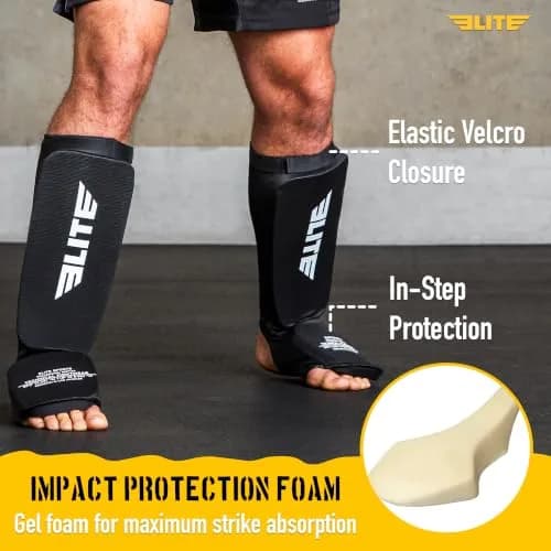 Elite Sports MMA Shin Pads with Instep Guard for Muay Thai & Kickboxing Training, Adult/Youth S/M Black/White thumbnail 2