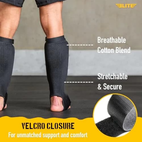 Elite Sports MMA Shin Pads with Instep Guard for Muay Thai & Kickboxing Training, Adult/Youth S/M Black/White thumbnail 3