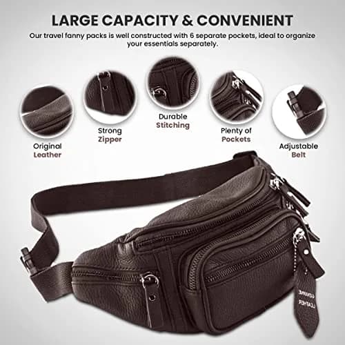 Nabob Leather Fanny Pack Waist Bag for Men & Women | Genuine Cowhide Leather, 6 Pockets, Adjustable Strap, Ideal for Travel & Outdoor thumbnail 3