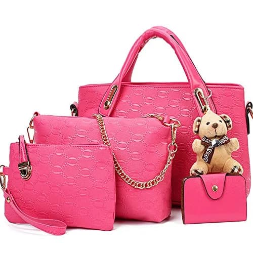FiveloveTwo Women 4 Pcs Top Handle Satchel Set | Large Tote +Purse +Shoulder Bag+Card Holder in Pink thumbnail 1