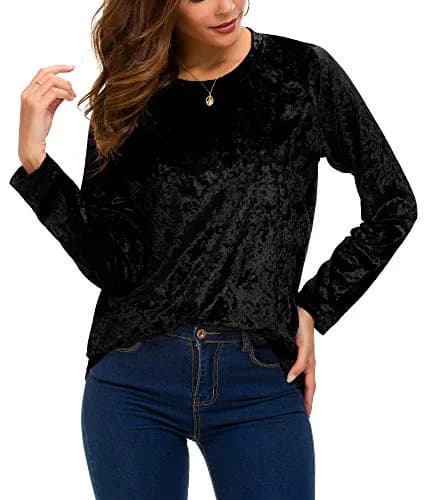 Urban CoCo Vintage Velvet T-Shirt Casual Long Sleeve Top (M, Black) | Elegant Velvet Design for Daily & Party Wear thumbnail 5