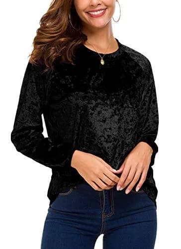 Urban CoCo Vintage Velvet T-Shirt Casual Long Sleeve Top (M, Black) | Elegant Velvet Design for Daily & Party Wear thumbnail 6