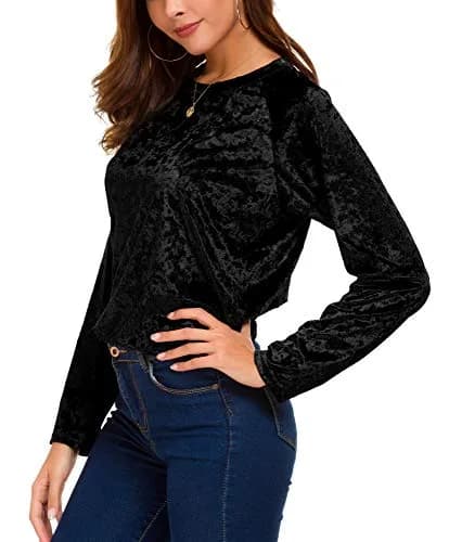 Urban CoCo Vintage Velvet T-Shirt Casual Long Sleeve Top (M, Black) | Elegant Velvet Design for Daily & Party Wear thumbnail 7