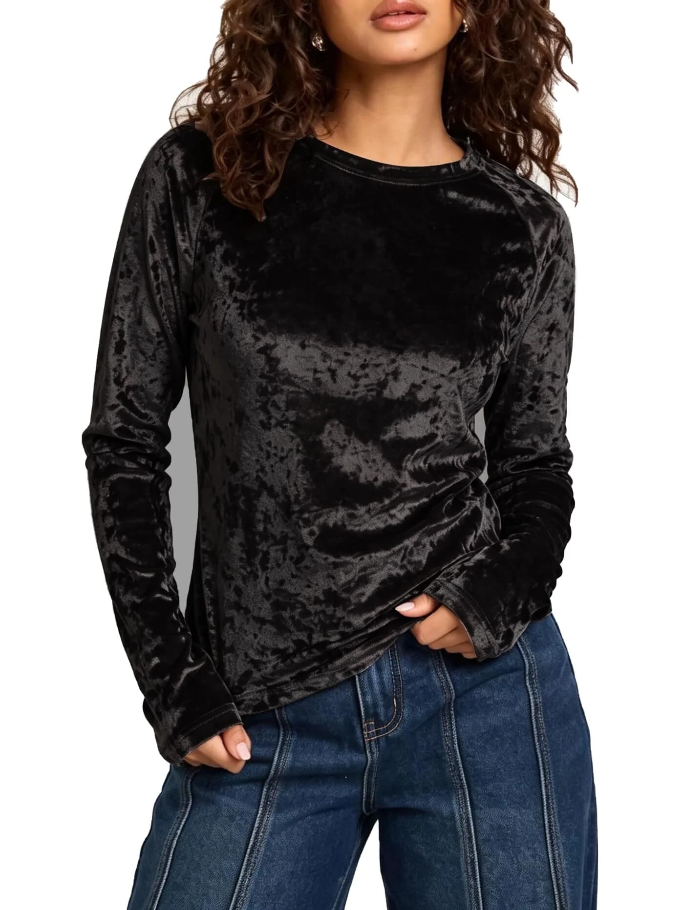 Urban CoCo Vintage Velvet T-Shirt Casual Long Sleeve Top (M, Black) | Elegant Velvet Design for Daily & Party Wear