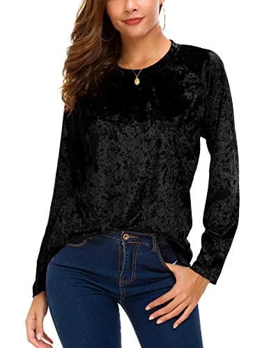 Urban CoCo Vintage Velvet T-Shirt Casual Long Sleeve Top (M, Black) | Elegant Velvet Design for Daily & Party Wear thumbnail 2