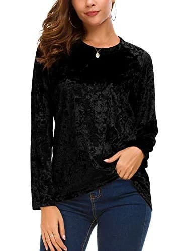 Urban CoCo Vintage Velvet T-Shirt Casual Long Sleeve Top (M, Black) | Elegant Velvet Design for Daily & Party Wear thumbnail 3