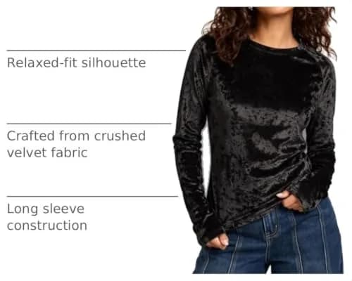Urban CoCo Vintage Velvet T-Shirt Casual Long Sleeve Top (M, Black) | Elegant Velvet Design for Daily & Party Wear thumbnail 4