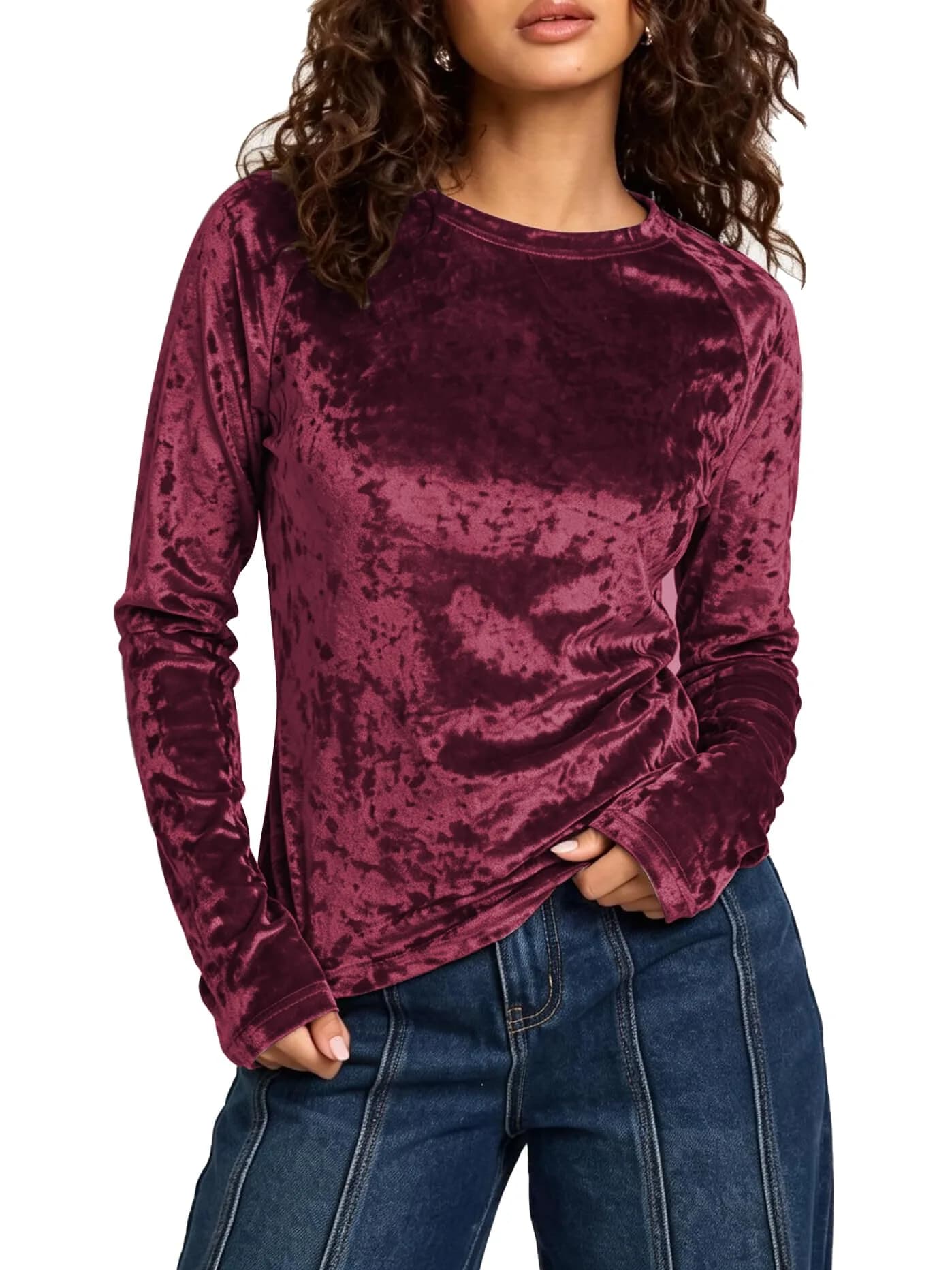 Urban CoCo Vintage Velvet T-Shirt Large | Casual Long Sleeve Top with Retro Elegance