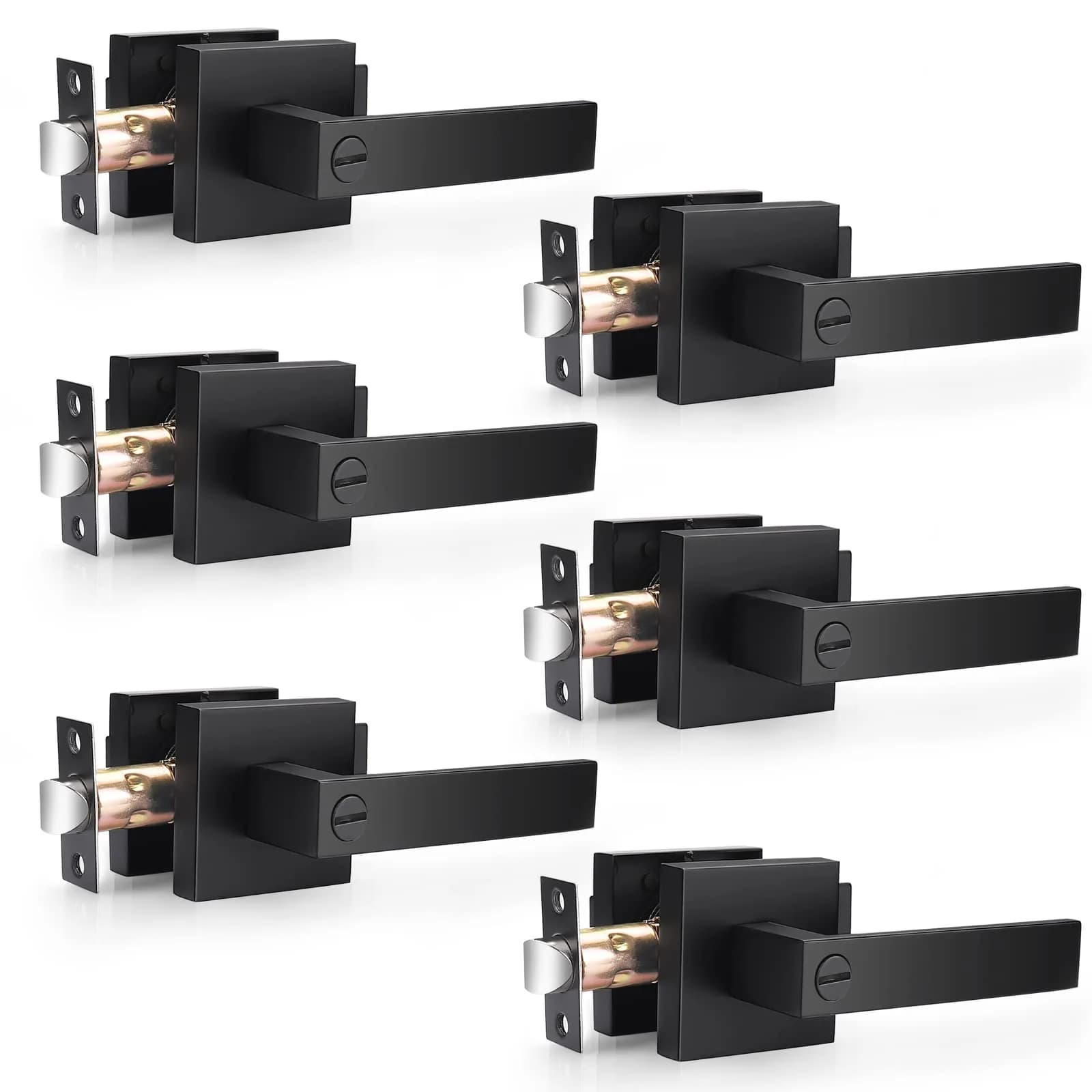 Probrico Interior Privacy Door Handles, Matte Black Square Locking Levers for Bedroom/Bathroom, Heavy Duty Zinc Alloy, 6 Pack