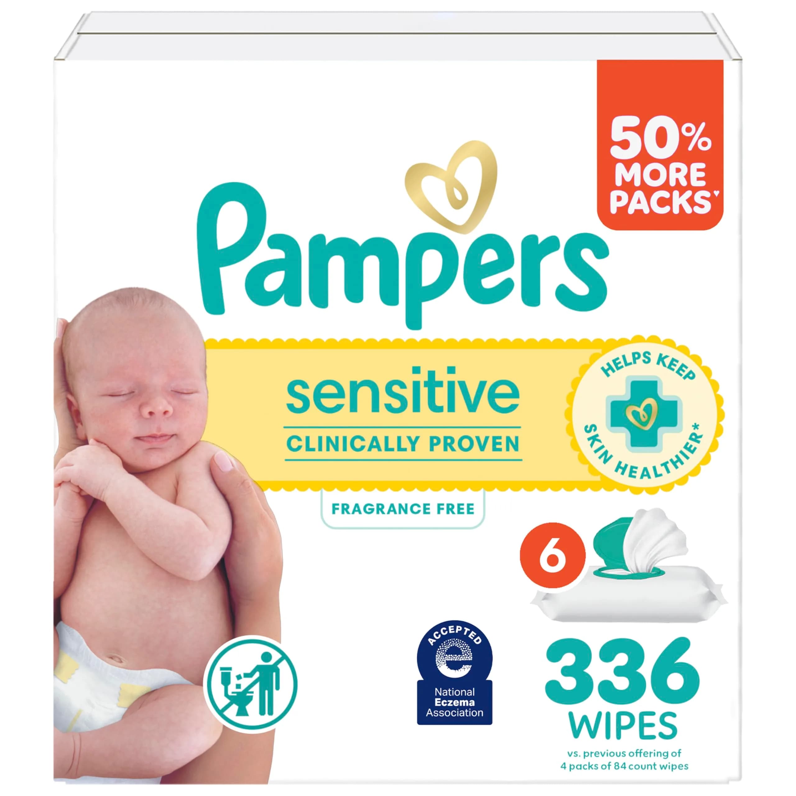 Pampers Sensitive Baby Wipes, Hypoallergenic & Fragrance-Free, 336 Count (6 Flip-Top Packs)