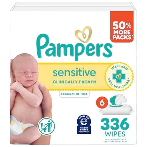 Pampers Sensitive Baby Wipes, Hypoallergenic & Fragrance-Free, 336 Count (6 Flip-Top Packs) thumbnail 1