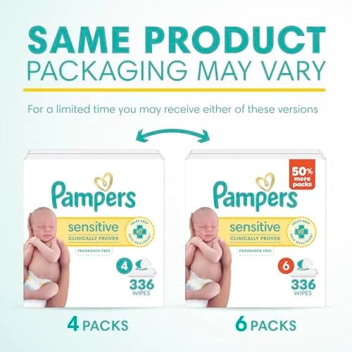 Pampers Sensitive Baby Wipes, Hypoallergenic & Fragrance-Free, 336 Count (6 Flip-Top Packs) thumbnail 2