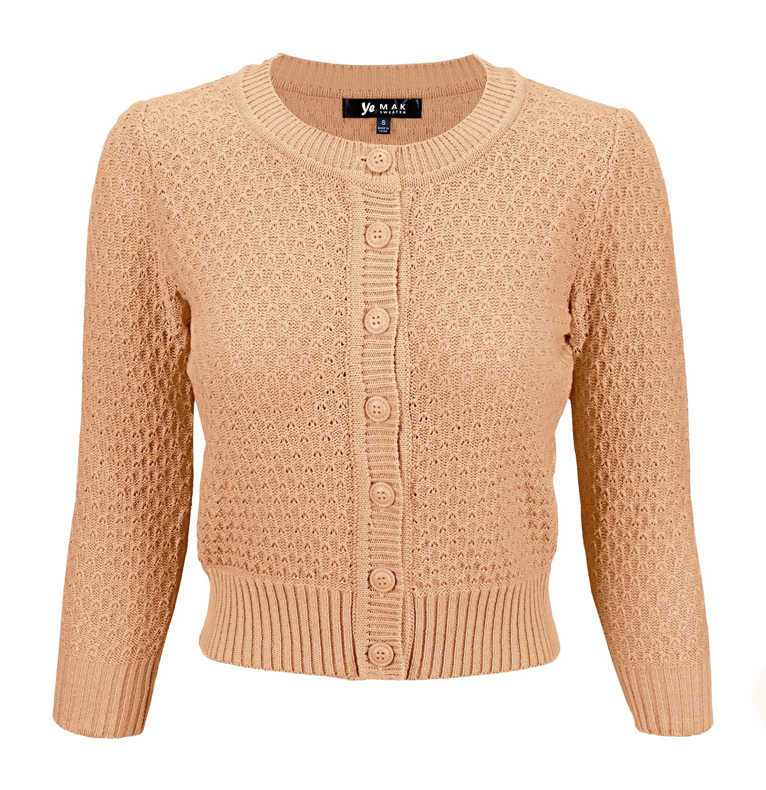 YEMAK Women's Cropped Crewneck Cardigan 3/4 Sleeve Tan | Vintage Casual Layering