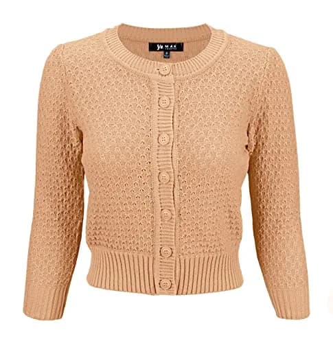 YEMAK Women's Cropped Crewneck Cardigan 3/4 Sleeve Tan | Vintage Casual Layering thumbnail 1