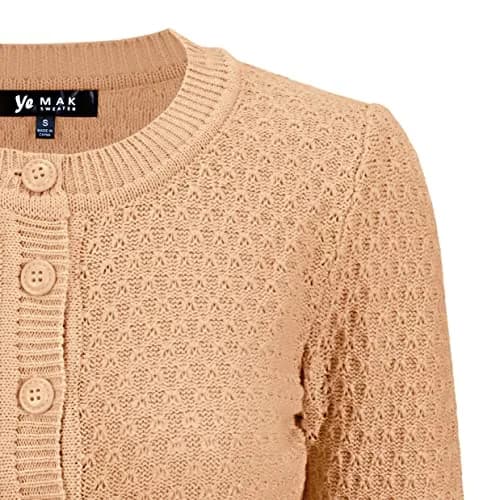 YEMAK Women's Cropped Crewneck Cardigan 3/4 Sleeve Tan | Vintage Casual Layering thumbnail 4