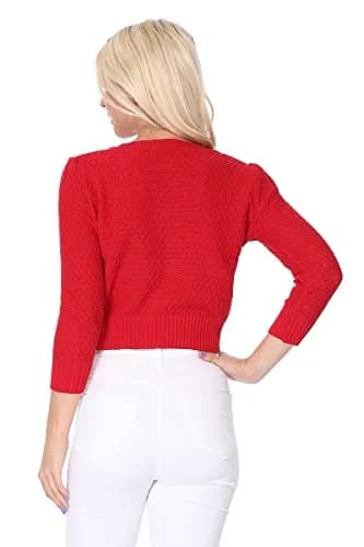 YEMAK Women's Cropped Crewneck Cardigan 3/4 Sleeve Tan | Vintage Casual Layering thumbnail 6