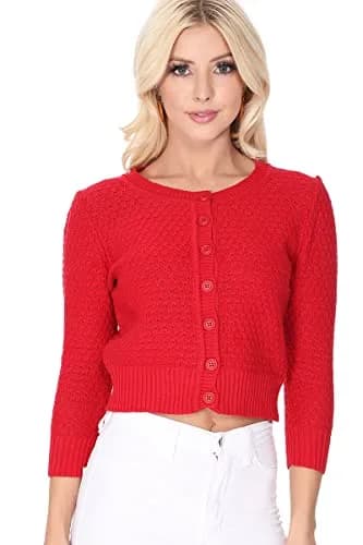YEMAK Women's Cropped Crewneck Cardigan 3/4 Sleeve Tan | Vintage Casual Layering thumbnail 2