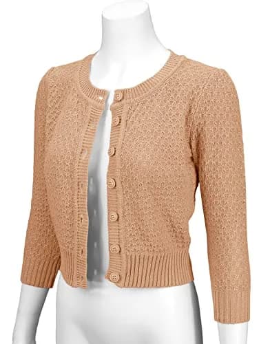 YEMAK Women's Cropped Crewneck Cardigan 3/4 Sleeve Tan | Vintage Casual Layering thumbnail 3