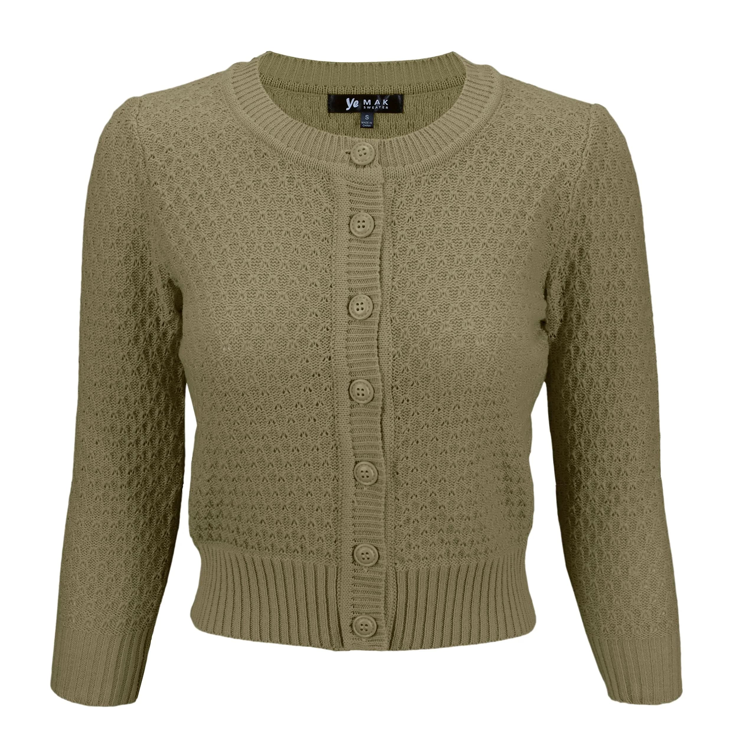 YEMAK Cropped Daily Cardigan Sweater Vintage Inspired Olive Large | Casual Vintage Knit