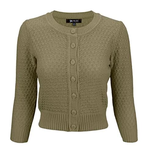 YEMAK Cropped Daily Cardigan Sweater Vintage Inspired Olive Large | Casual Vintage Knit thumbnail 1