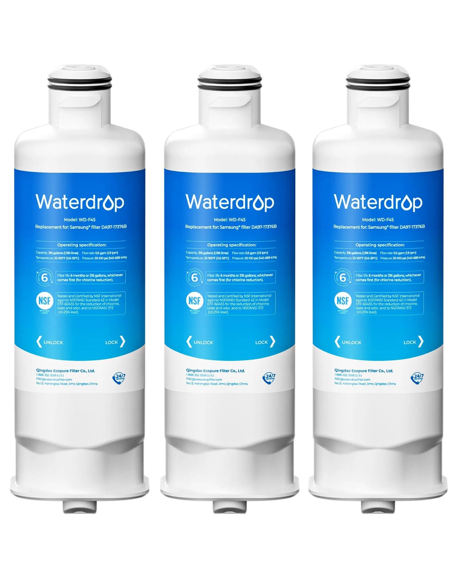 Waterdrop WD-F45 Refrigerator Water Filter Replacement for Samsung HAF-QIN/EXP, DA97-17376B (3 Filters) | Authentic USA-Sourced Purity - main product image