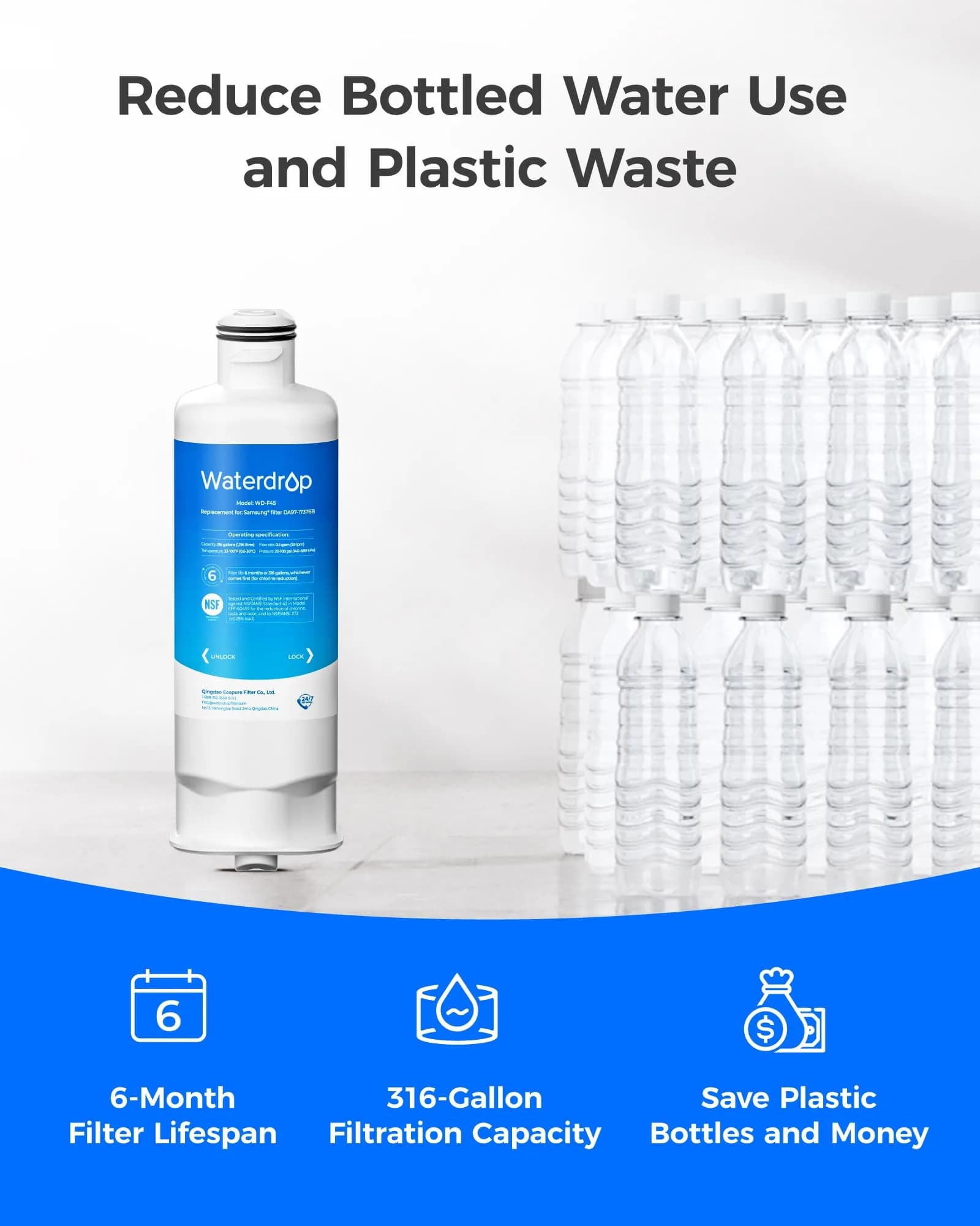 Waterdrop WD-F45 Water Filter Replacement for Samsung DA97-17376B, 3 Pack | NSF/ANSI Certified for Purity - view 8