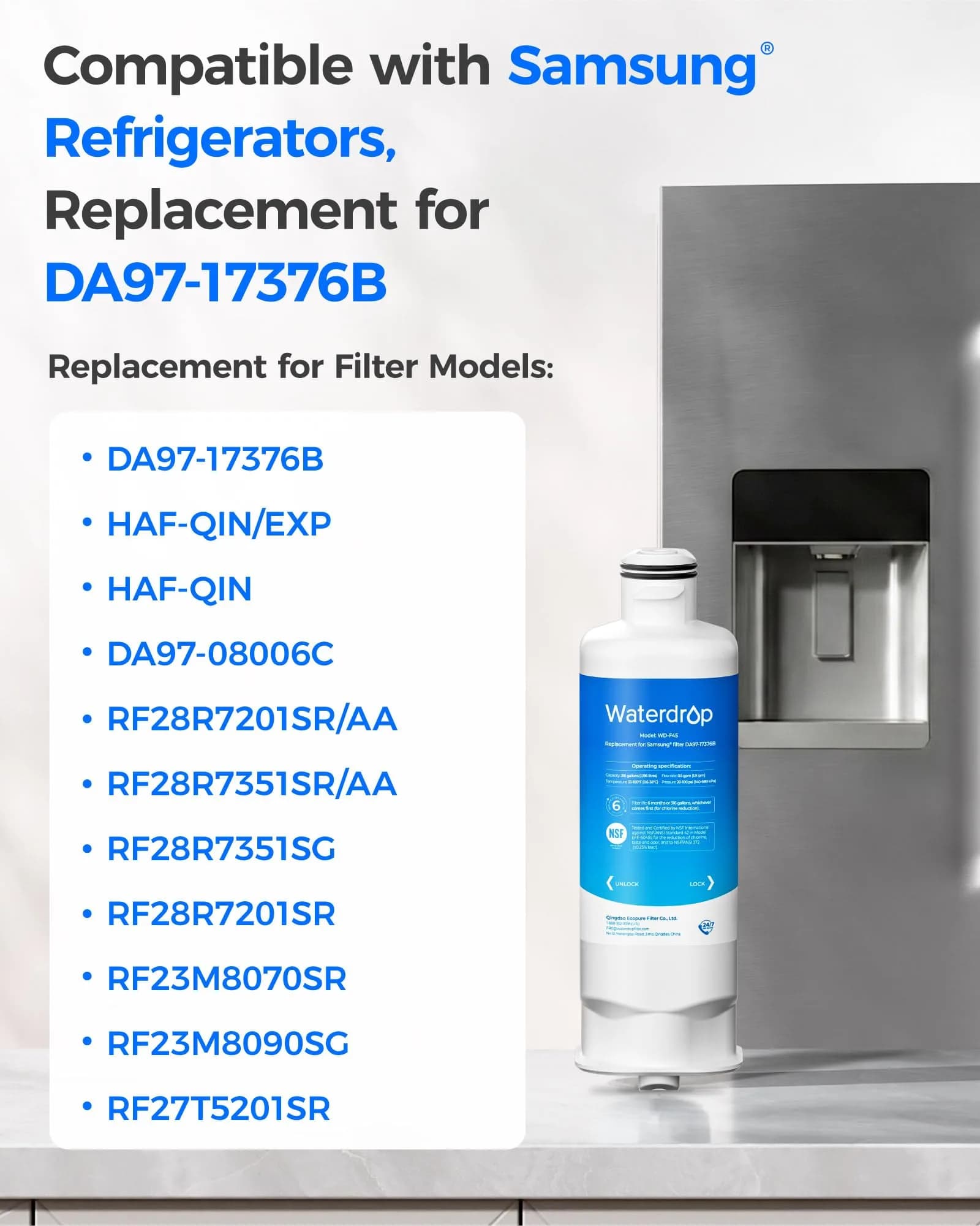 Waterdrop WD-F45 Water Filter Replacement for Samsung DA97-17376B, 3 Pack | NSF/ANSI Certified for Purity - view 2