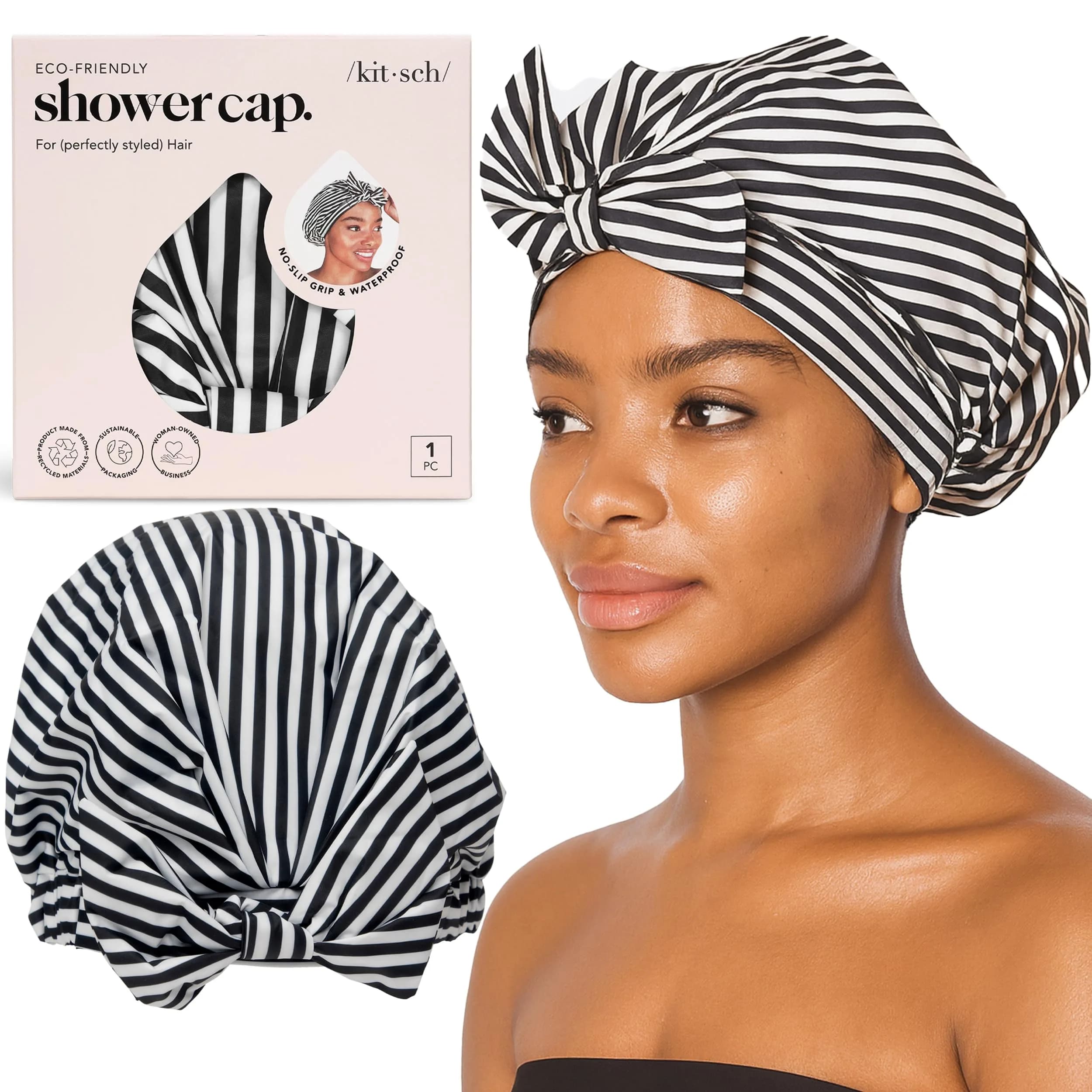 Kitsch Luxury Large Shower Cap for Women - Stripe, 14.2cm (5.6in) x 16.6cm (6.5in) x 3.4cm (1.3in) — Stripe