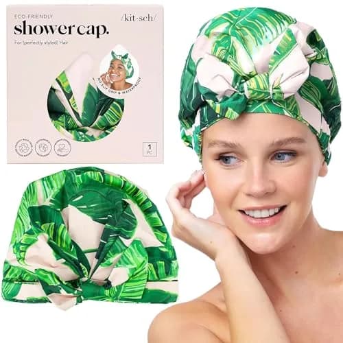 Kitsch Luxury Large Shower Cap for Women - Palm Leaves | Reusable Waterproof Hair Protection thumbnail 1