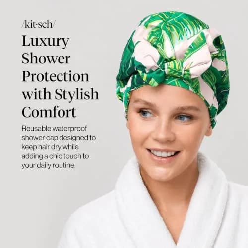 Kitsch Luxury Large Shower Cap for Women - Palm Leaves | Reusable Waterproof Hair Protection thumbnail 2