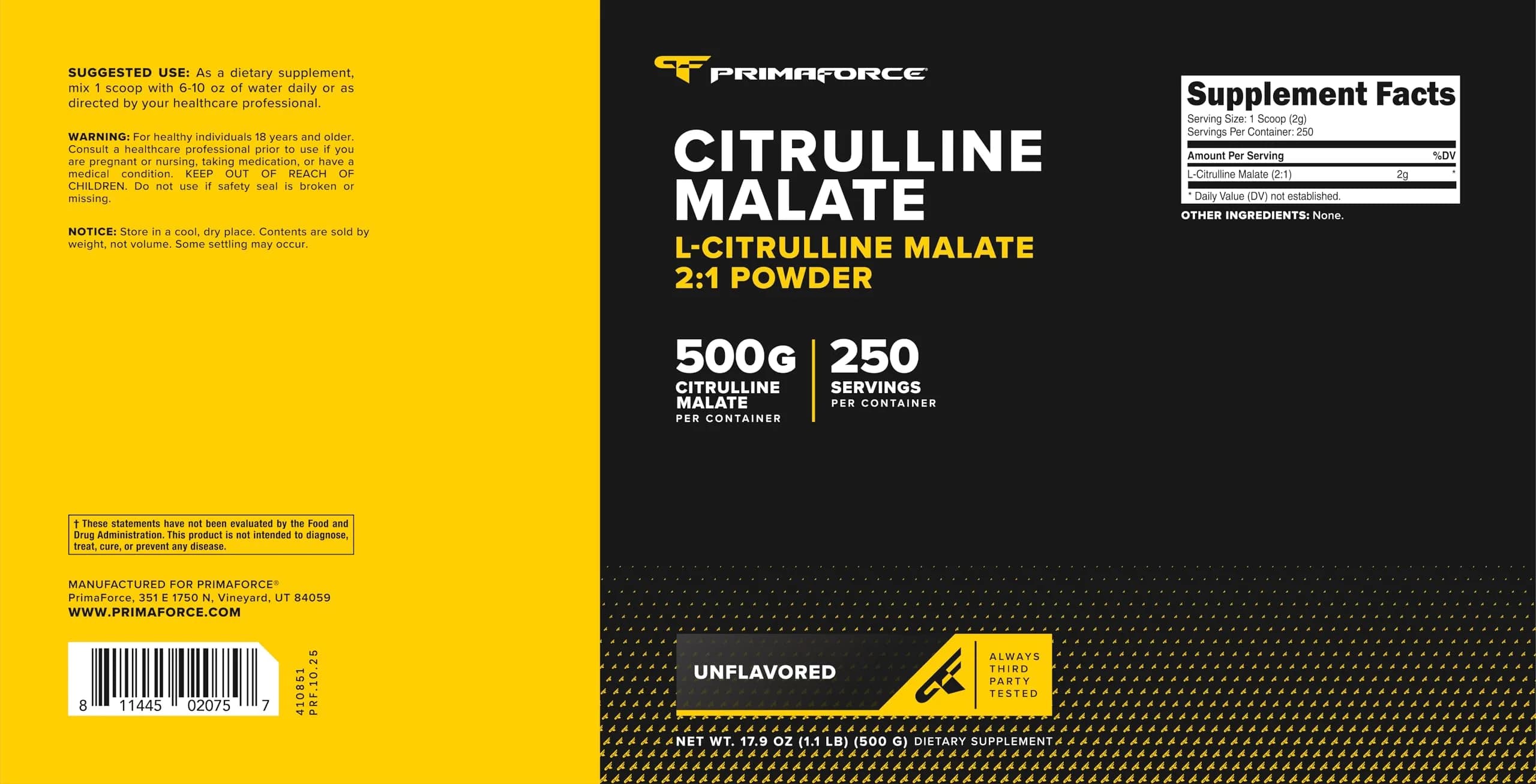 Primaforce L-Citrulline Malate Powder 500g (17.6 oz) | Vegan, Gluten-Free, Non-GMO - view 5