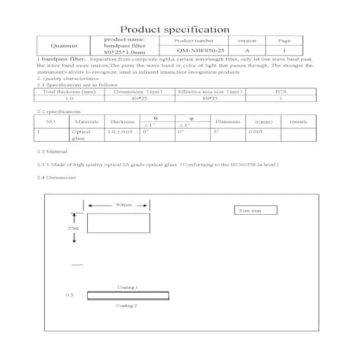 Quanmin 80mm x 25mm x 1.0mm 850nm Optical IR-Cut Narrow Band Pass Filter | High-Definition Image Quality thumbnail 6