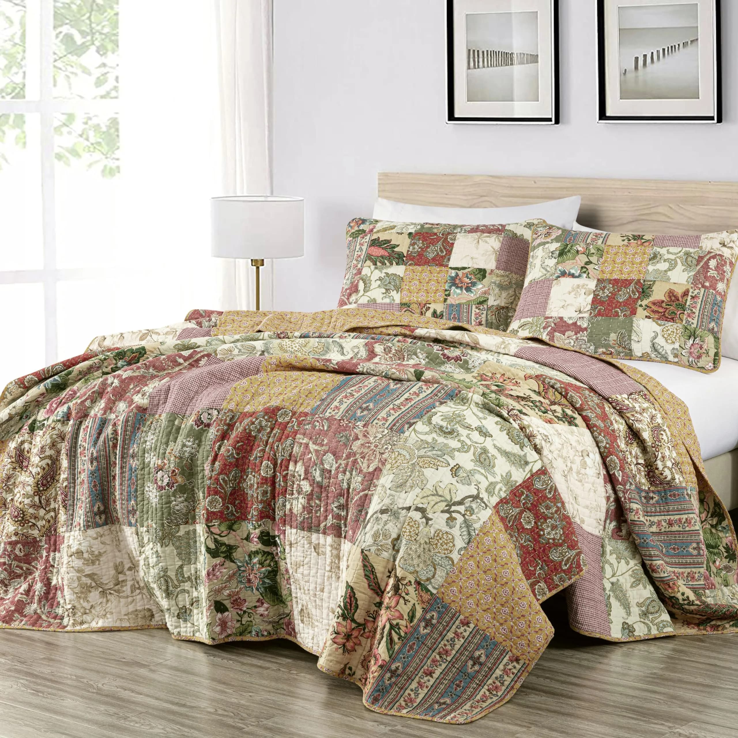 Chezmoi Collection Delaney 3-Piece Floral Patchwork Quilt Set King | Vintage Cotton Comforter