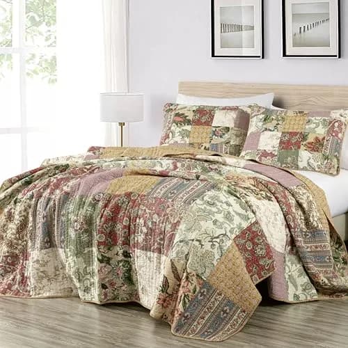 Chezmoi Collection Delaney 3-Piece Floral Patchwork Quilt Set King | Vintage Cotton Comforter thumbnail 1