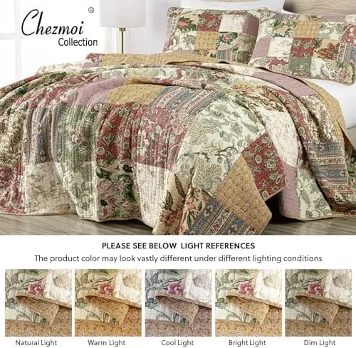 Chezmoi Collection Delaney 3-Piece Floral Patchwork Quilt Set King | Vintage Cotton Comforter thumbnail 5
